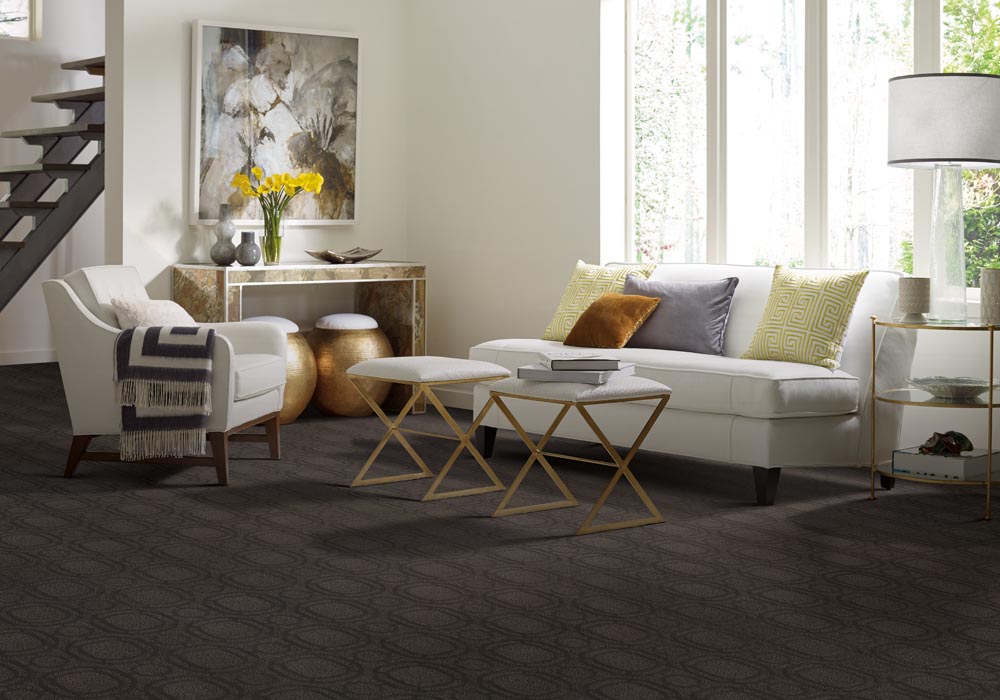 Patterned carpet in a trendy living room