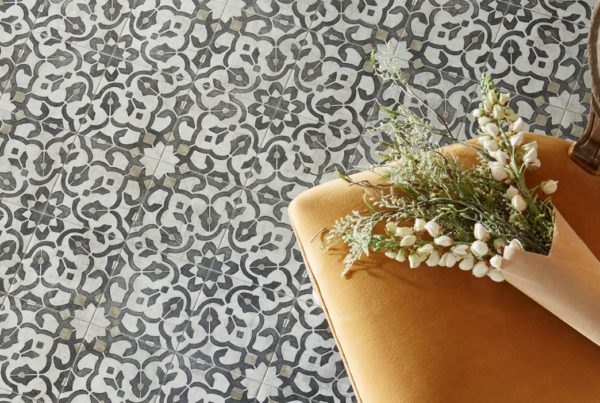 Retro vinyl sheet flooring with traditional patterns